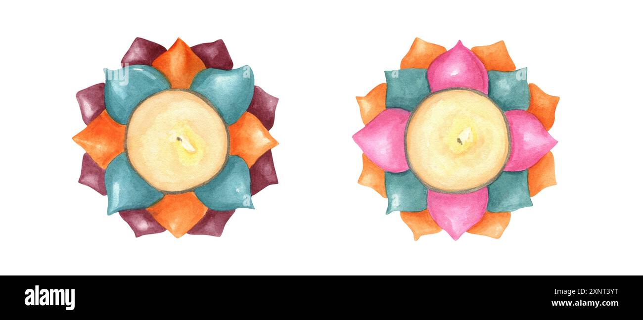 Due candele a tema floreale. Candela con petali multicolori vivaci. Lampada Diwali accesa. Design artistico ad acquerello. Illustrazione disegnata a mano. Foto Stock