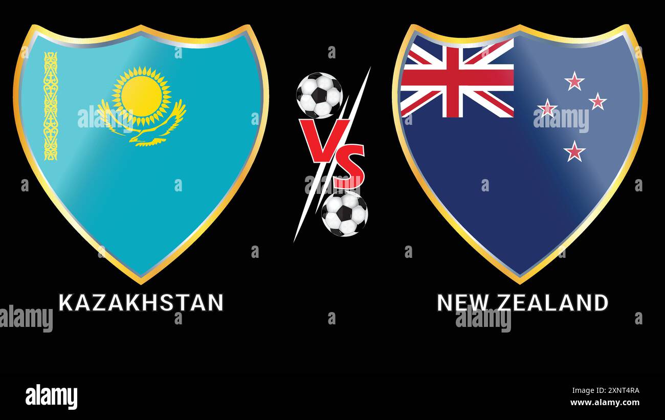 Emozionante scontro calcistico: Kazakistan vs nuova Zelanda con sfondo nero e bandiere Versus Illustrazione Vettoriale