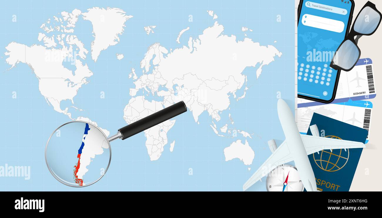 Il Cile è ingrandito su una mappa del mondo, illustrazioni con aereo, passaporto, carta d'imbarco, bussola e occhiali. Illustrazione vettoriale. Illustrazione Vettoriale