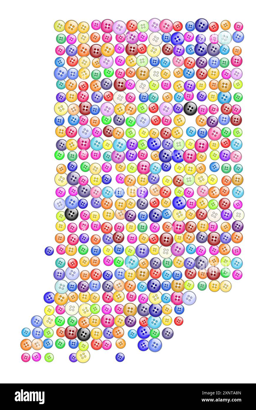 Mappa dei simboli dello stato dell'Indiana (Stati Uniti d'America) che mostra lo stato con un motivo di pulsanti colorati Foto Stock