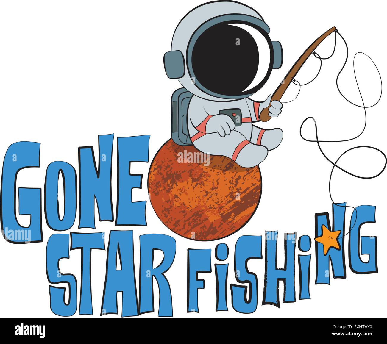 E' andato a pesca di fame. Grazioso astronauta che pesca nello spazio catturando stelle con canna da pesca e una citazione divertente. Illustrazione vettoriale per tshirt merch Illustrazione Vettoriale