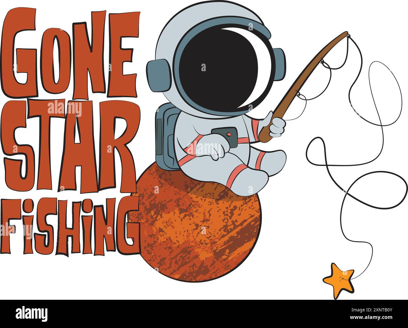 E' andato a pesca di fame. Grazioso astronauta che pesca nello spazio catturando stelle con canna da pesca e una citazione divertente. Illustrazione vettoriale per tshirt merch Illustrazione Vettoriale
