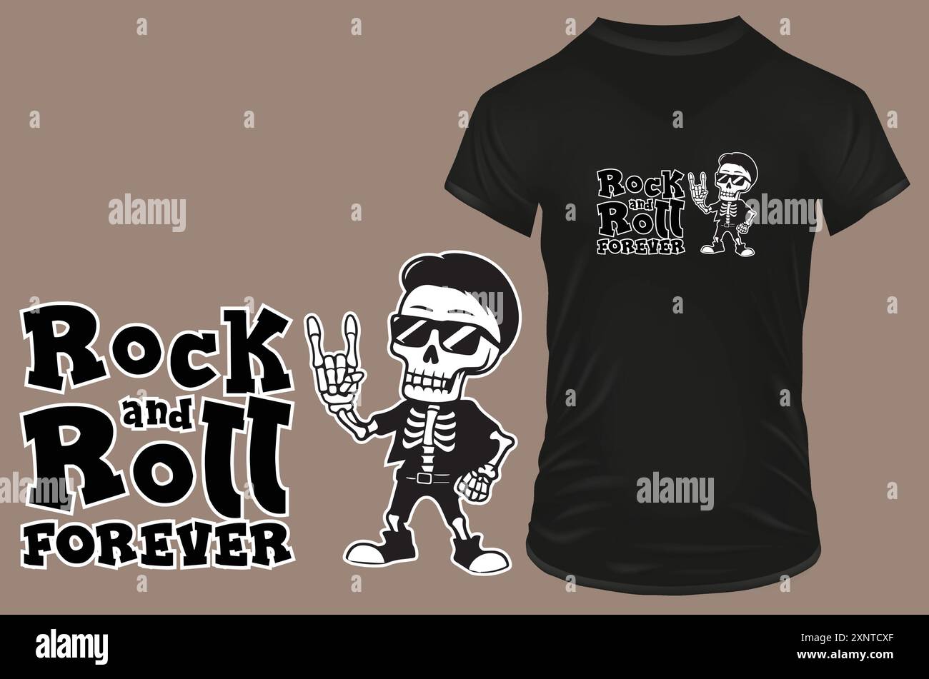 Scheletro carino e fresco con occhiali da sole che mostrano il simbolo della mano rock con una divertente citazione rock and roll per sempre. Illustrazione vettoriale per il merch tshirt POD Illustrazione Vettoriale