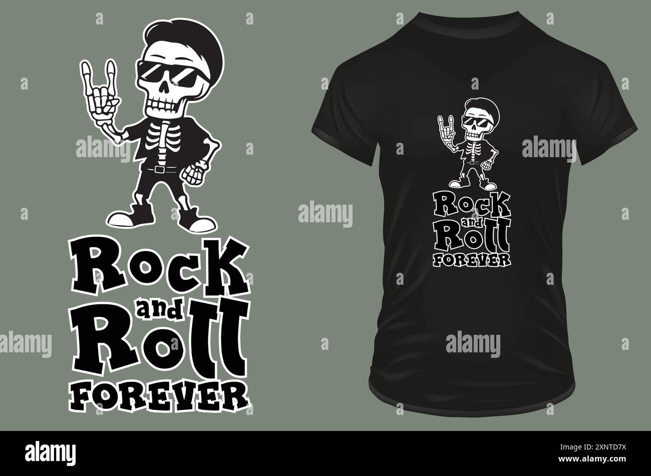 Scheletro carino e fresco con occhiali da sole che mostrano il simbolo della mano rock con una divertente citazione rock and roll per sempre. Illustrazione vettoriale per il merch tshirt POD Illustrazione Vettoriale