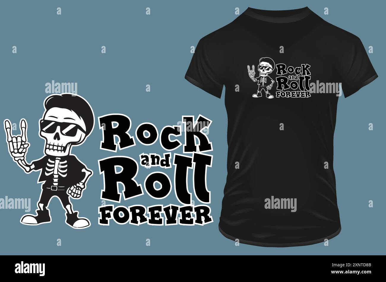 Scheletro carino e fresco con occhiali da sole che mostrano il simbolo della mano rock con una divertente citazione rock and roll per sempre. Illustrazione vettoriale per il merch tshirt POD Illustrazione Vettoriale