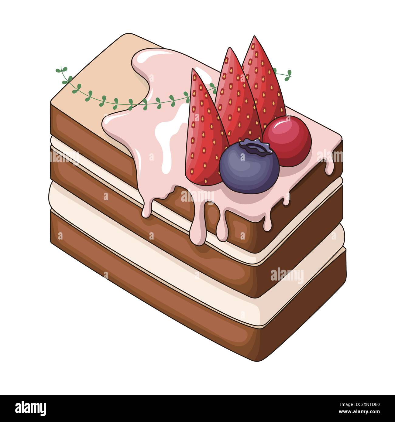 Un dolce decorato con una fetta di fragola, un mirtillo, un mirtillo e un gambo sottile con una foglia di erbe. Illustrazione Vettoriale