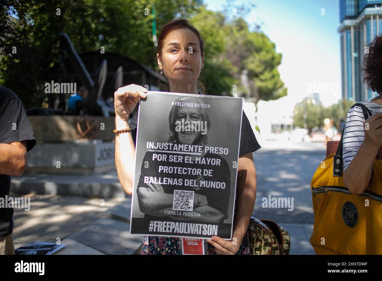 Madrid, Spagna. 2 agosto 2024. Un attivista animale porta uno striscione durante una manifestazione di protesta a Madrid davanti all'ambasciata danese a Madrid per chiedere il rilascio urgente dell'attivista anti-baleniera Paul Watson. Il fondatore dell'organizzazione Sea Shepherd è stato arrestato il 21 luglio dalla polizia danese in Groenlandia e rischia di essere estradato in Giappone, dove avrebbe potuto trascorrere fino a 15 anni di prigione. Credito: SOPA Images Limited/Alamy Live News Foto Stock