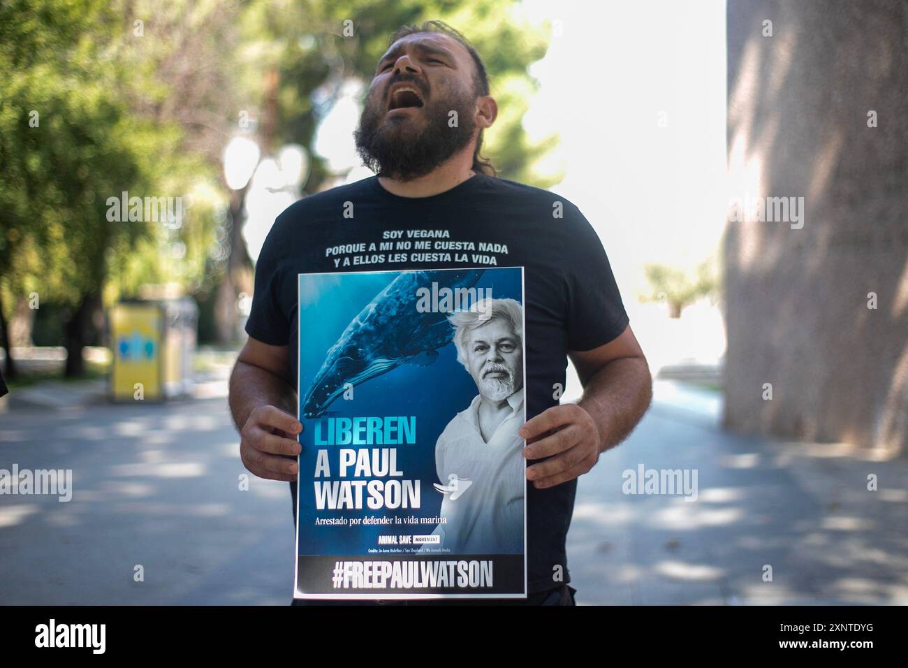 Madrid, Spagna. 2 agosto 2024. Protesta di fronte all'ambasciata danese a Madrid per chiedere il rilascio urgente dell'attivista anti-baleniera Paul Watson. Il fondatore dell'organizzazione Sea Shepherd è stato arrestato il 21 luglio dalla polizia danese in Groenlandia e rischia di essere estradato in Giappone, dove avrebbe potuto trascorrere fino a 15 anni di prigione. Credito: SOPA Images Limited/Alamy Live News Foto Stock