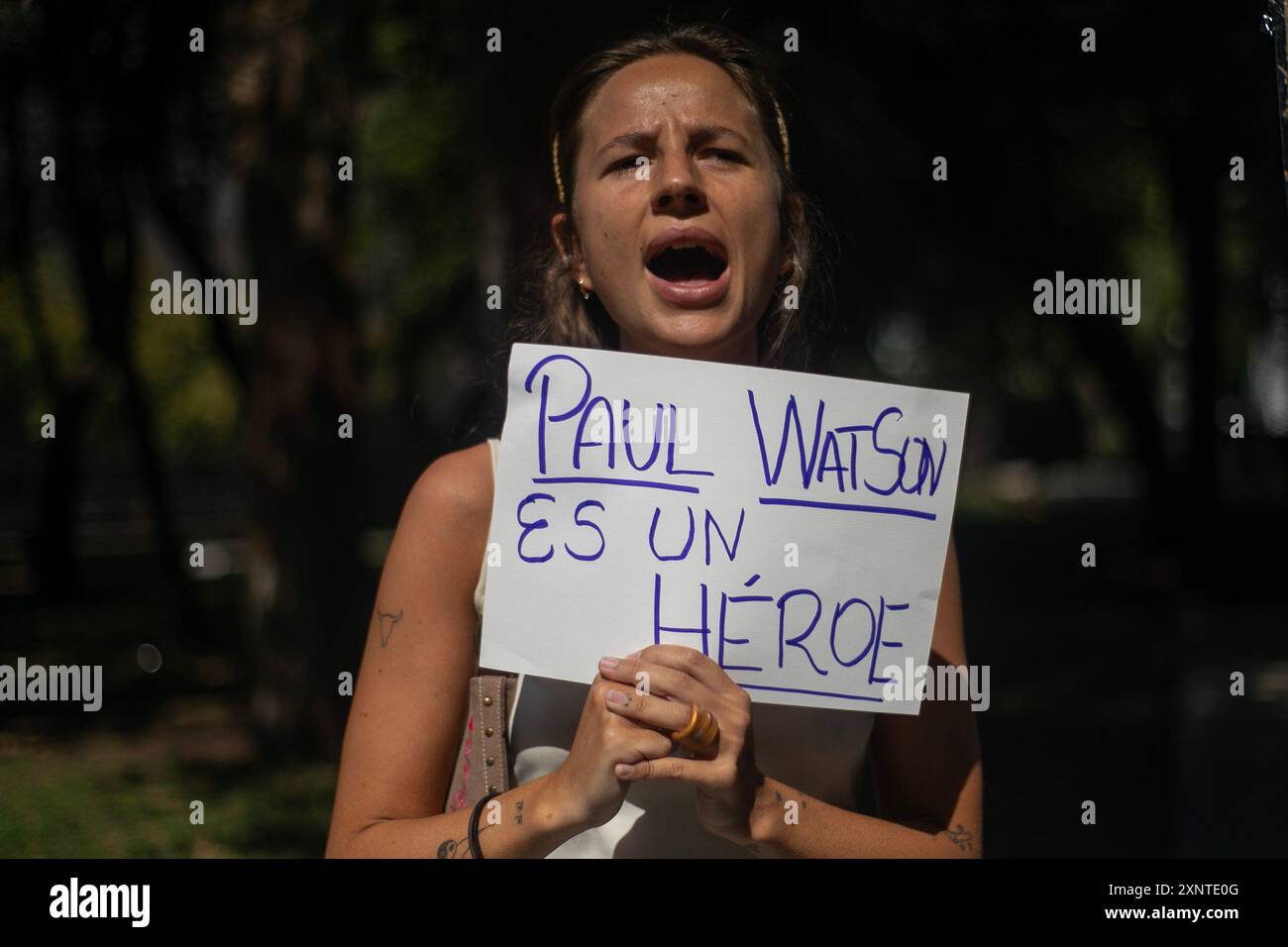 Madrid, Spagna. 2 agosto 2024. Un attivista animale porta uno striscione durante una manifestazione di protesta a Madrid davanti all'ambasciata danese a Madrid per chiedere il rilascio urgente dell'attivista anti-baleniera Paul Watson. Il fondatore dell'organizzazione Sea Shepherd è stato arrestato il 21 luglio dalla polizia danese in Groenlandia e rischia di essere estradato in Giappone, dove avrebbe potuto trascorrere fino a 15 anni di prigione. Credito: SOPA Images Limited/Alamy Live News Foto Stock