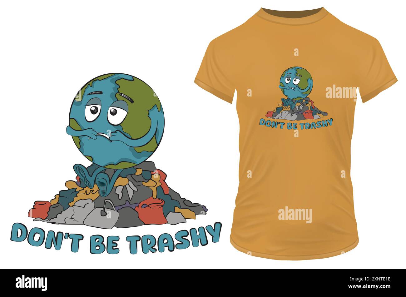 Giornata della Terra. Salvate il pianeta. Triste globo terrestre seduto su un mucchio di spazzatura. Inquinamento atmosferico, idrico, terrestre. Illustrazione vettoriale per il merch tshirt POD Illustrazione Vettoriale