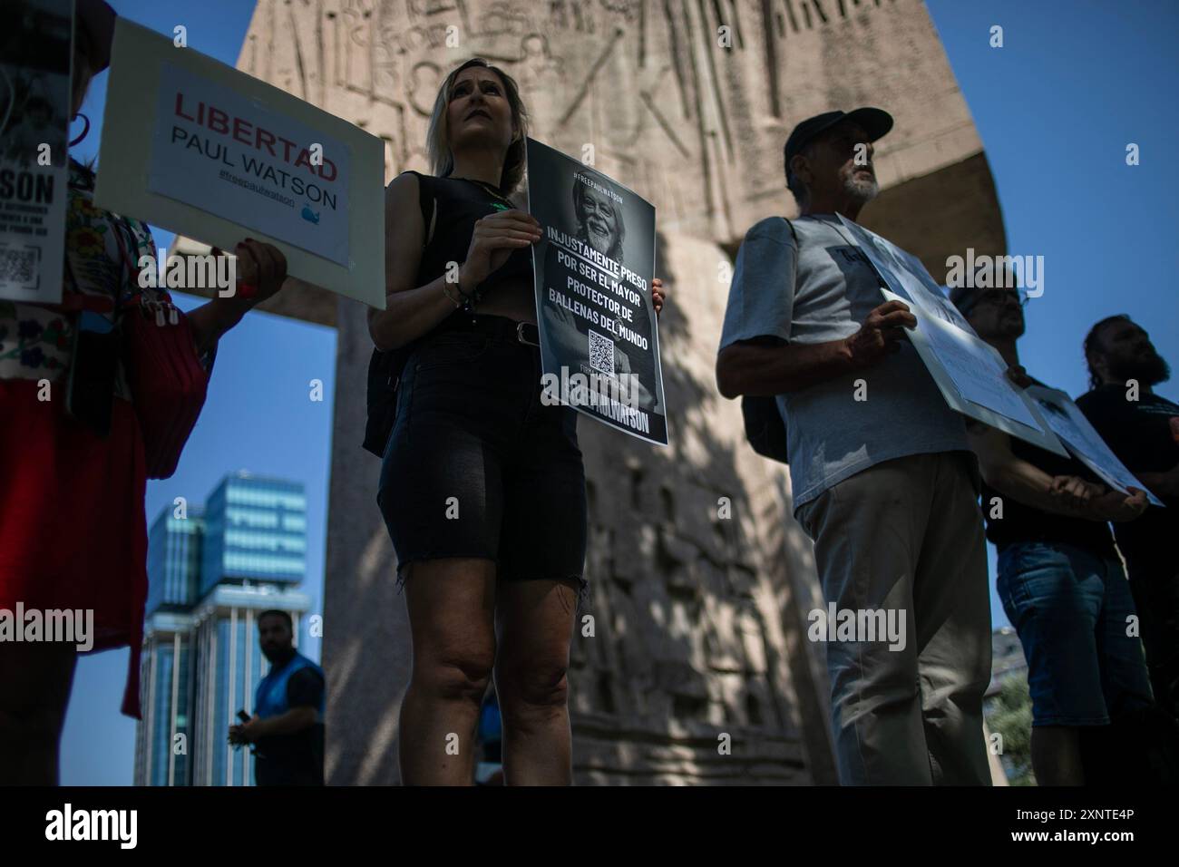 Madrid, Spagna. 2 agosto 2024. Un gruppo di attivisti animali porta uno striscione durante una manifestazione di protesta a Madrid davanti all'ambasciata danese a Madrid per chiedere il rilascio urgente dell'attivista anti-baleniera Paul Watson. Il fondatore dell'organizzazione Sea Shepherd è stato arrestato il 21 luglio dalla polizia danese in Groenlandia e rischia di essere estradato in Giappone, dove avrebbe potuto trascorrere fino a 15 anni di prigione. (Foto di David Canales/SOPA Images/Sipa USA) credito: SIPA USA/Alamy Live News Foto Stock