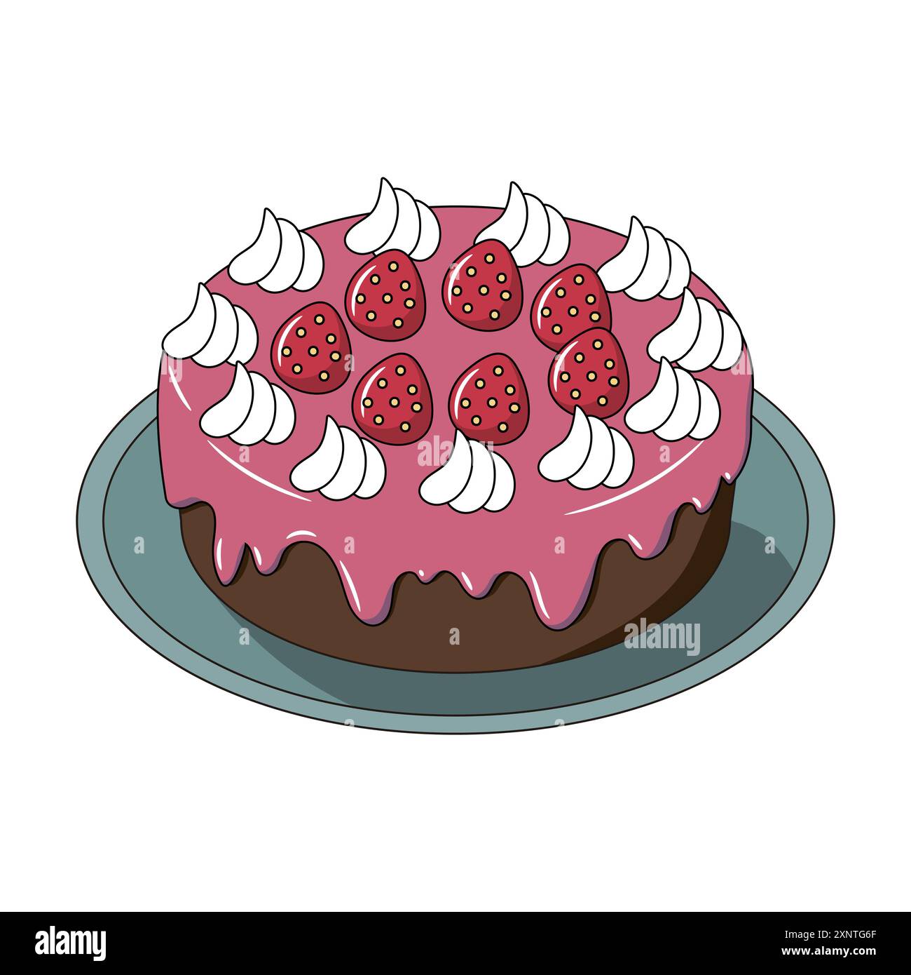 Torta di fragole al cioccolato retrò, illustrazione, vettore, clipart, disegnata a mano, carino, ricetta, immagine, dessert, dolce, cottura, panna, rossa, panna montata, c Illustrazione Vettoriale