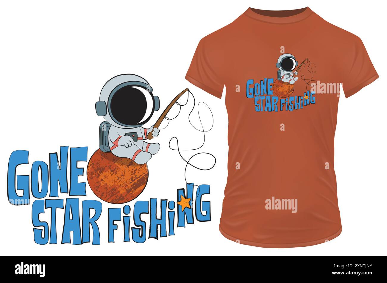 E' andato a pesca di fame. Grazioso astronauta che pesca nello spazio catturando stelle con canna da pesca e una citazione divertente. Illustrazione vettoriale per il merch tshirt POD Illustrazione Vettoriale