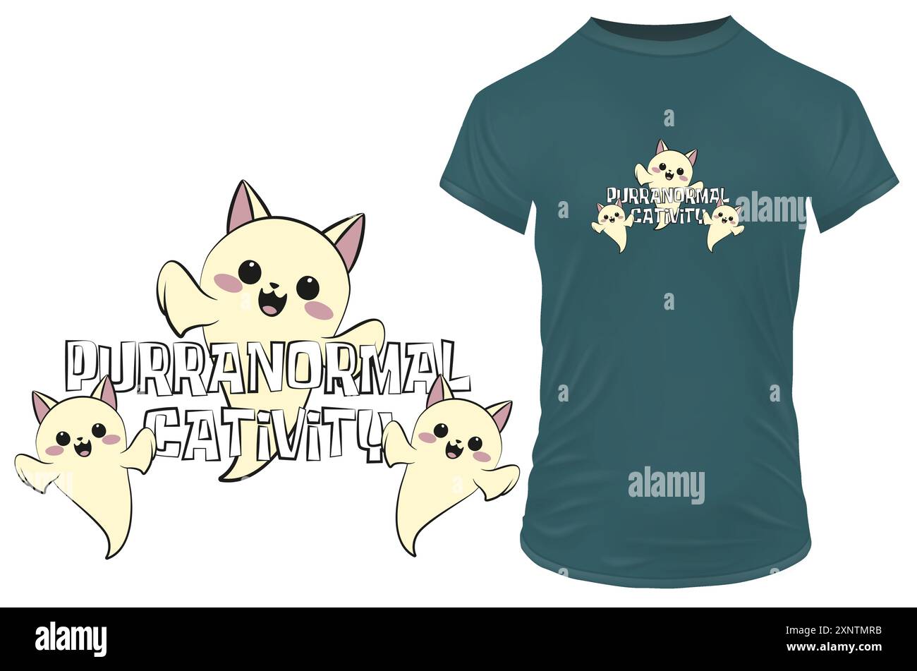 Gatti fantasma carini Attività felina purranormale Halloween Design divertente per maglietta con fantasmi di gattini kawaii Illustrazione Vettoriale