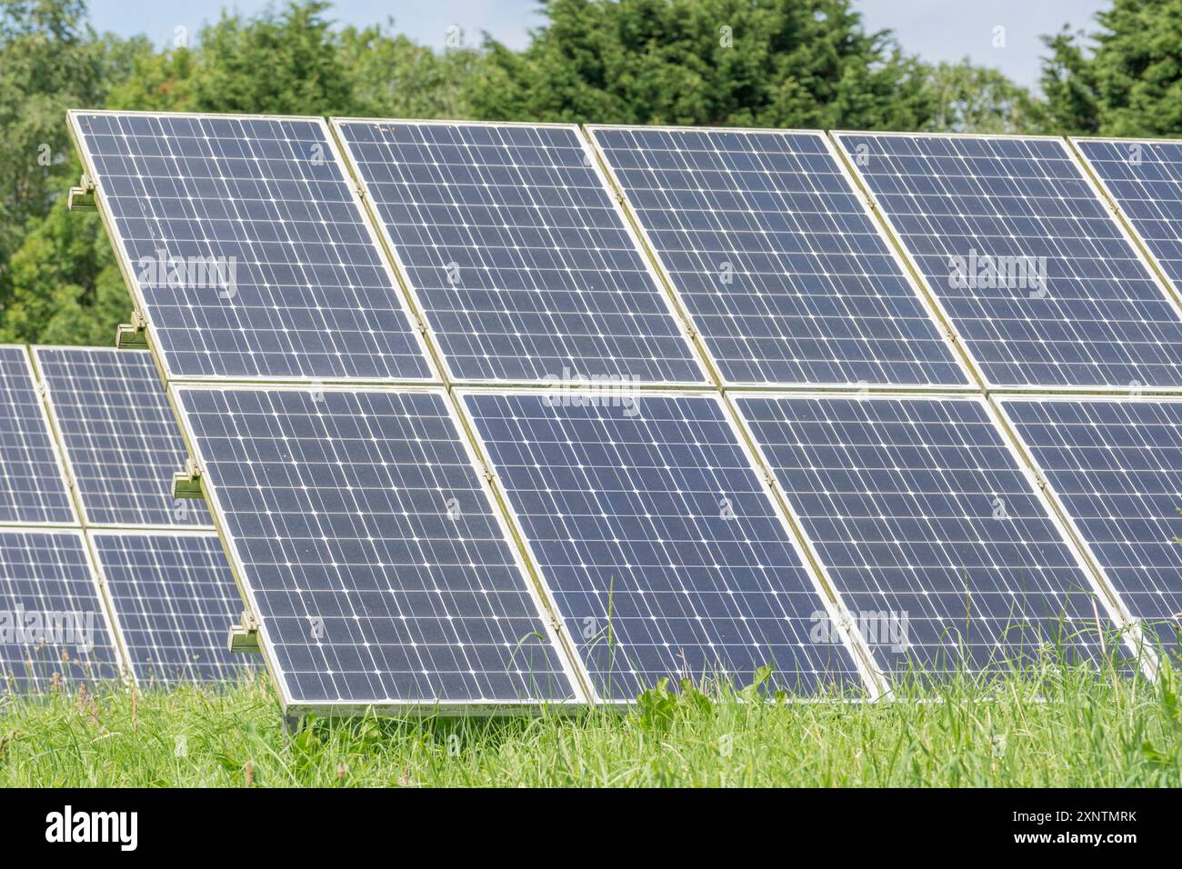 Sezioni di pannelli solari monocristallini fotovoltaici a inclinazione fissa in rack/fotovoltaici. Una fonte di energia "pulita" nel mix di energie rinnovabili. Foto Stock
