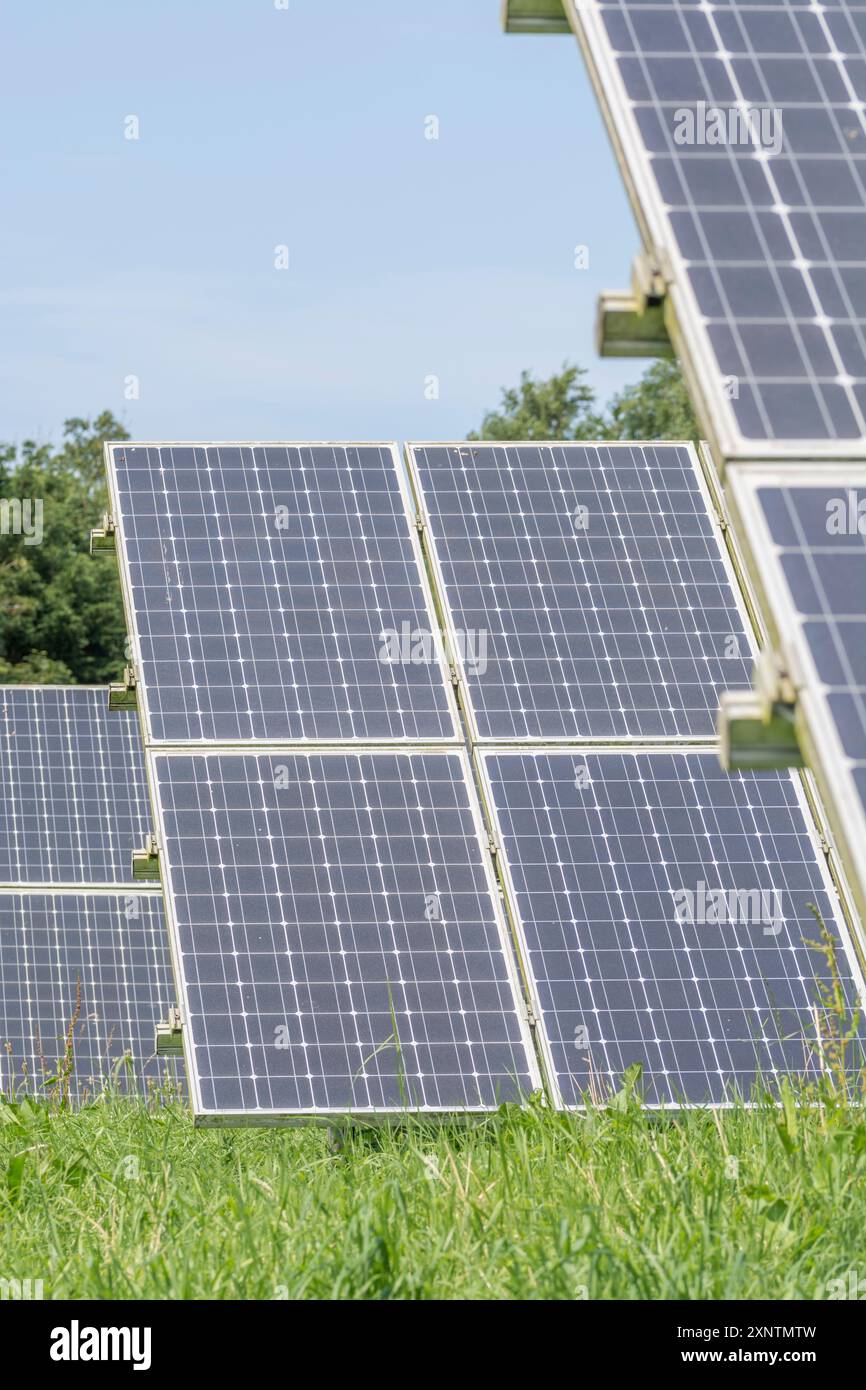 Sezioni di pannelli solari monocristallini fotovoltaici a inclinazione fissa in rack/fotovoltaici. Una fonte di energia "pulita" nel mix di energie rinnovabili. Foto Stock