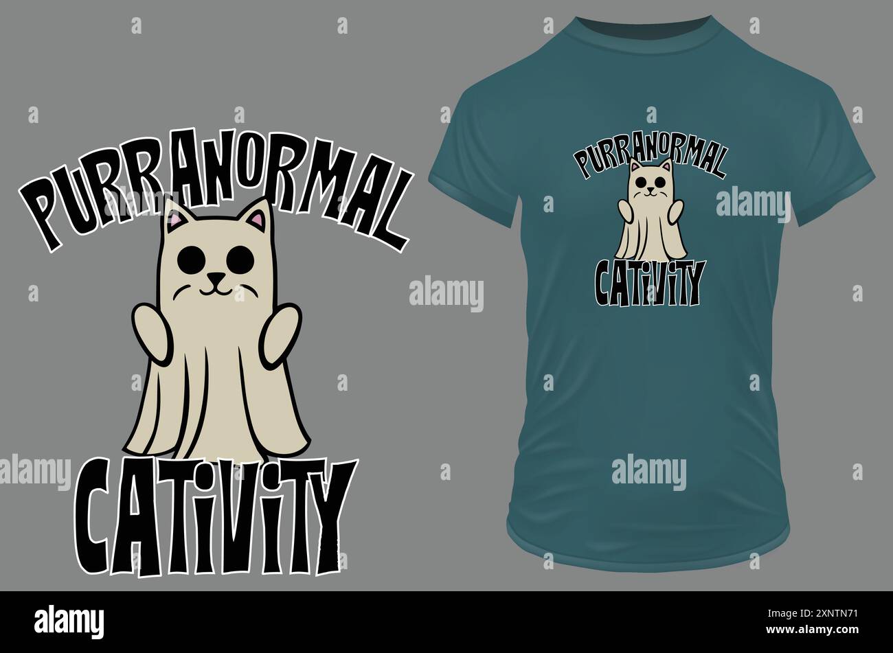 Modello di design per maglietta con illustrazione di gioco di parole „Purranormal Cativity“ su un gatto fantasma — Abbigliamento spaventoso per gli amanti dei gatti ad Halloween Illustrazione Vettoriale