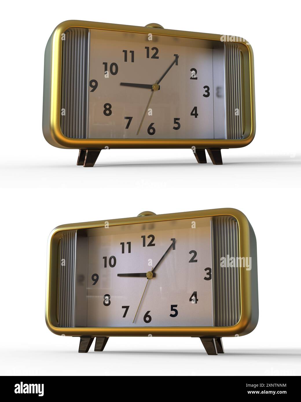 Orologio da tavolo vintage astratto nello stile degli anni '50, con cassa in metallo bronzo e decorazioni cromate, isolato su sfondo bianco, rendering 3D illustrati Foto Stock