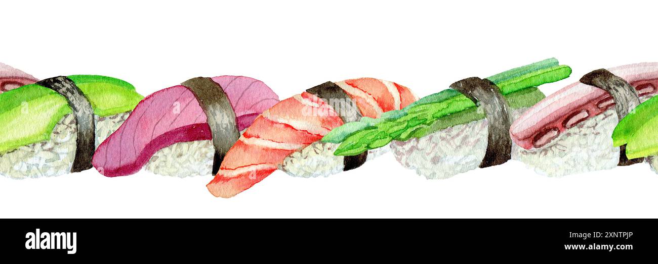 sushi di salmone e gamberi, asparagi, gamberi, pesce, bordo senza cuciture, dipinta con acquerello, per menu' del ristorante e design di un negozio di pesce Foto Stock