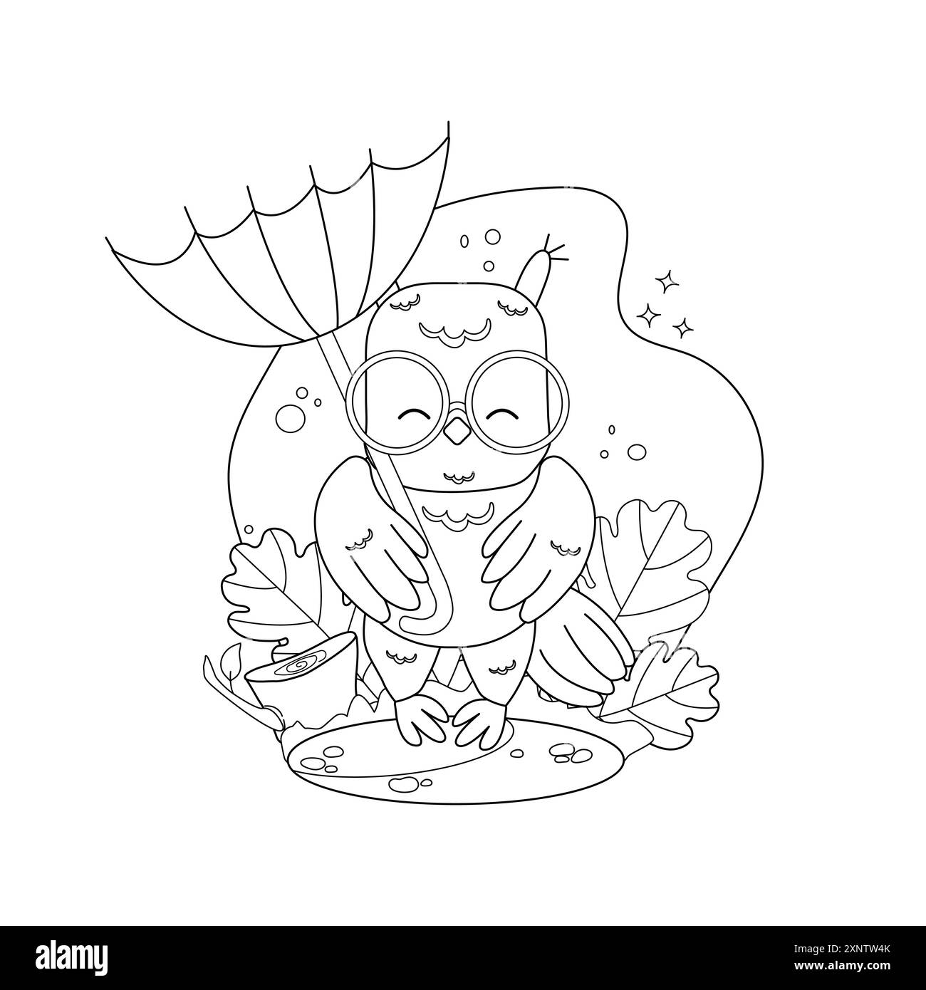Pagina di colorazione disegni per bambini. Gufo carino con ombrello e occhiali circondato da foglie. Vettore Illustrazione Vettoriale