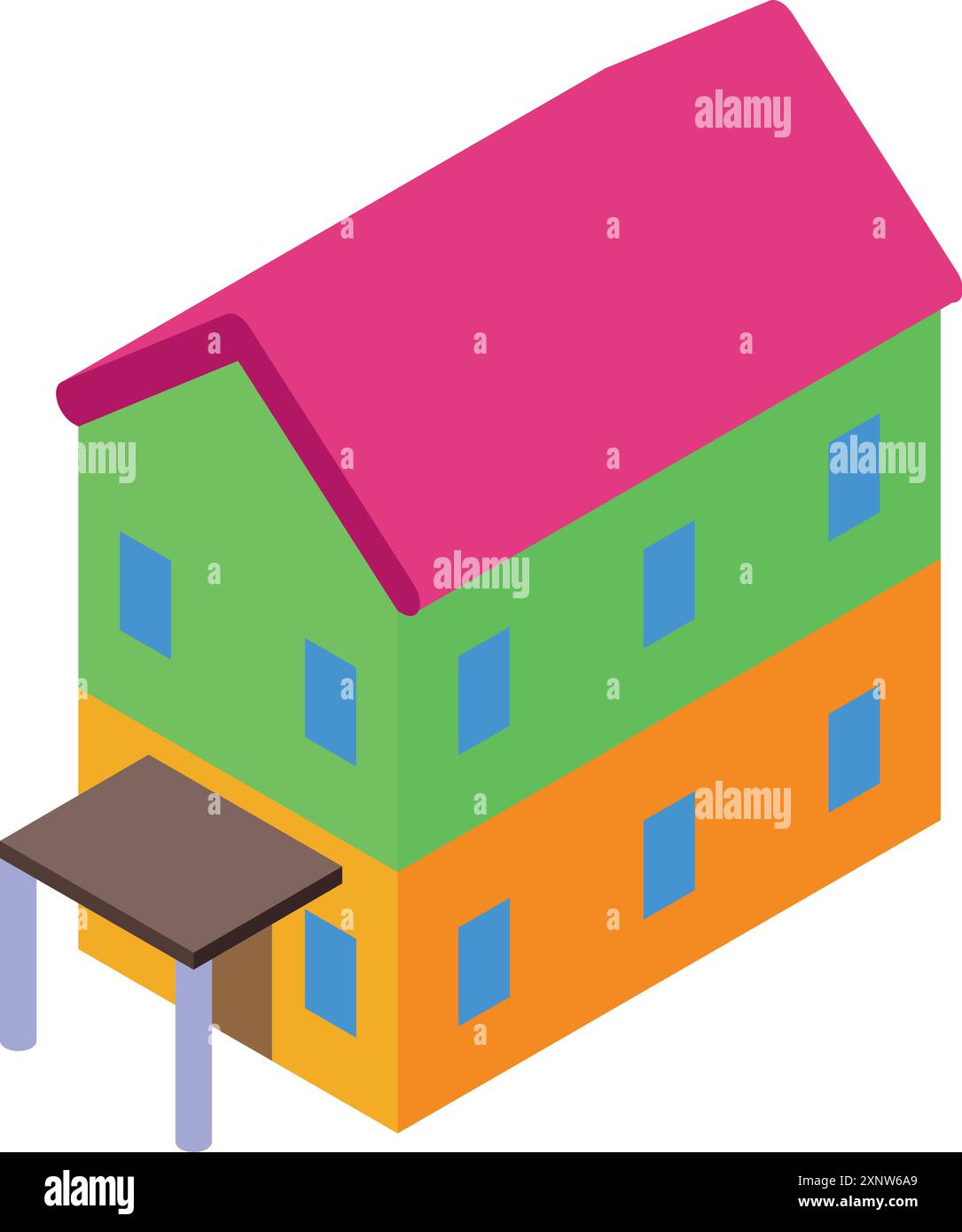 Casa a due piani con un'icona isometrica del portico, concetto esterno dell'edificio Illustrazione Vettoriale