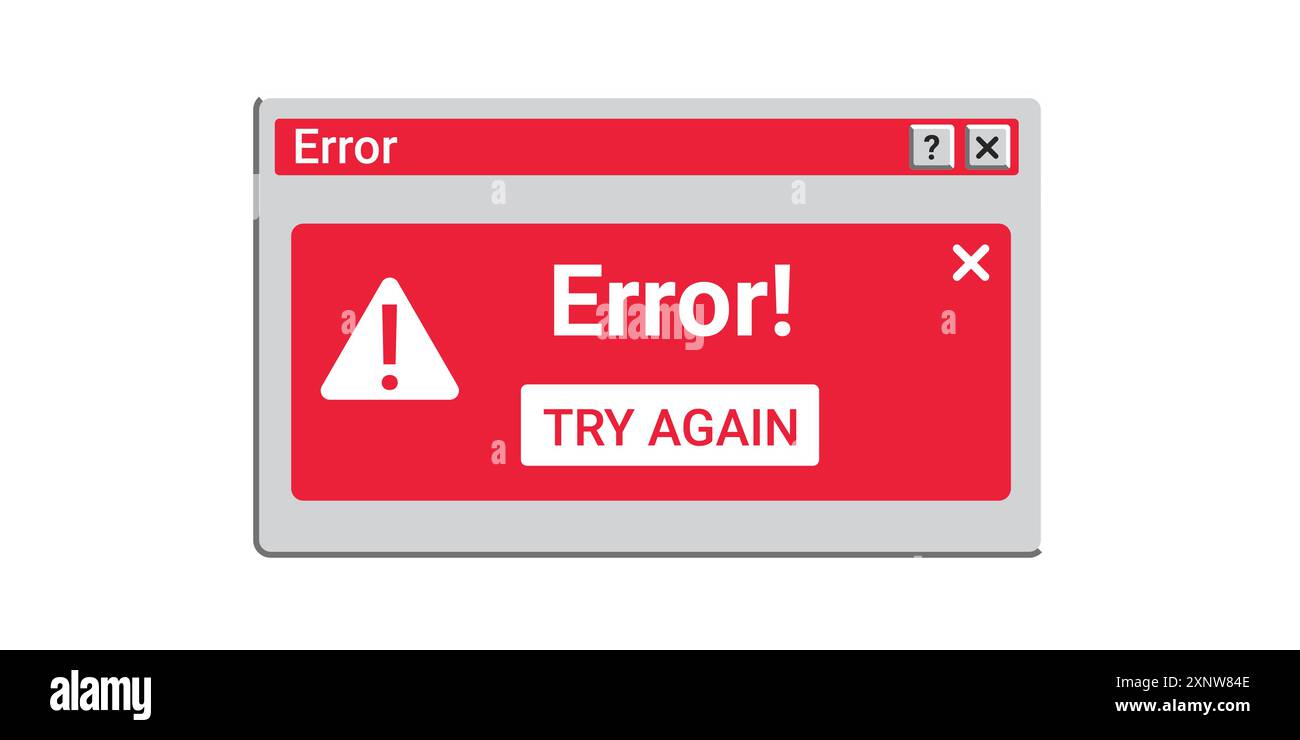Finestra rossa di errore sullo schermo. Vecchia finestra vettoriale. Messaggio a comparsa relativo all'errore. Illustrazione Vettoriale
