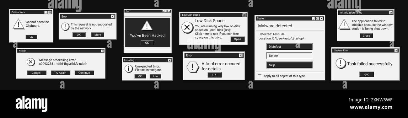Serie di messaggi della finestra di errore di colore nero. Avviso messaggi digitali scuri in vecchio stile. Illustrazione Vettoriale