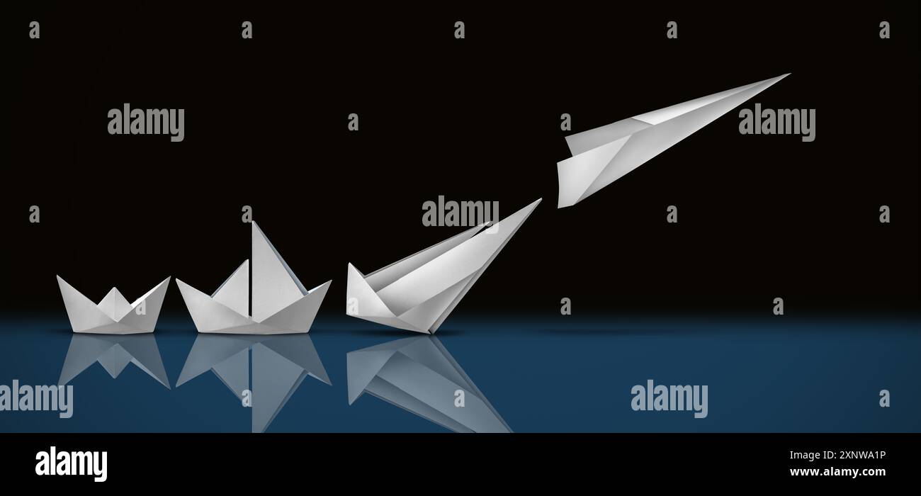 Sviluppo creativo successo e innovazione progressi rivoluzionari come concetto di avanzamento aziendale o strategia di crescita per decollare come motivazione Foto Stock