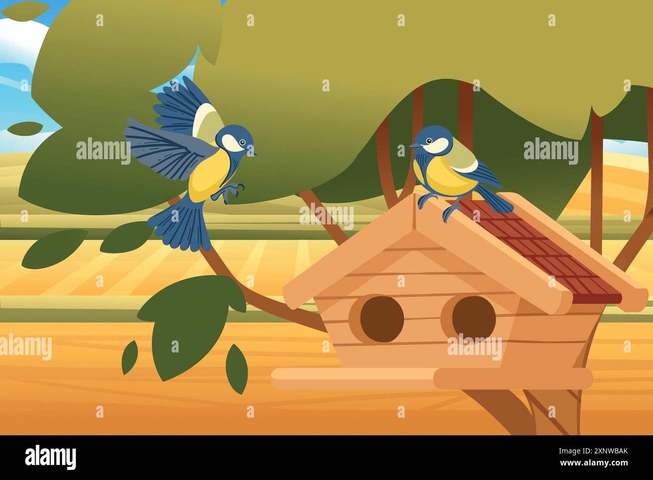 Casetta per uccelli in legno appesa a un ramo di albero con tit Birds. Birdhouse dal design semplice con un ingresso rotondo e un piccolo pozzo. Un rifugio perfetto per gli uccelli Illustrazione Vettoriale