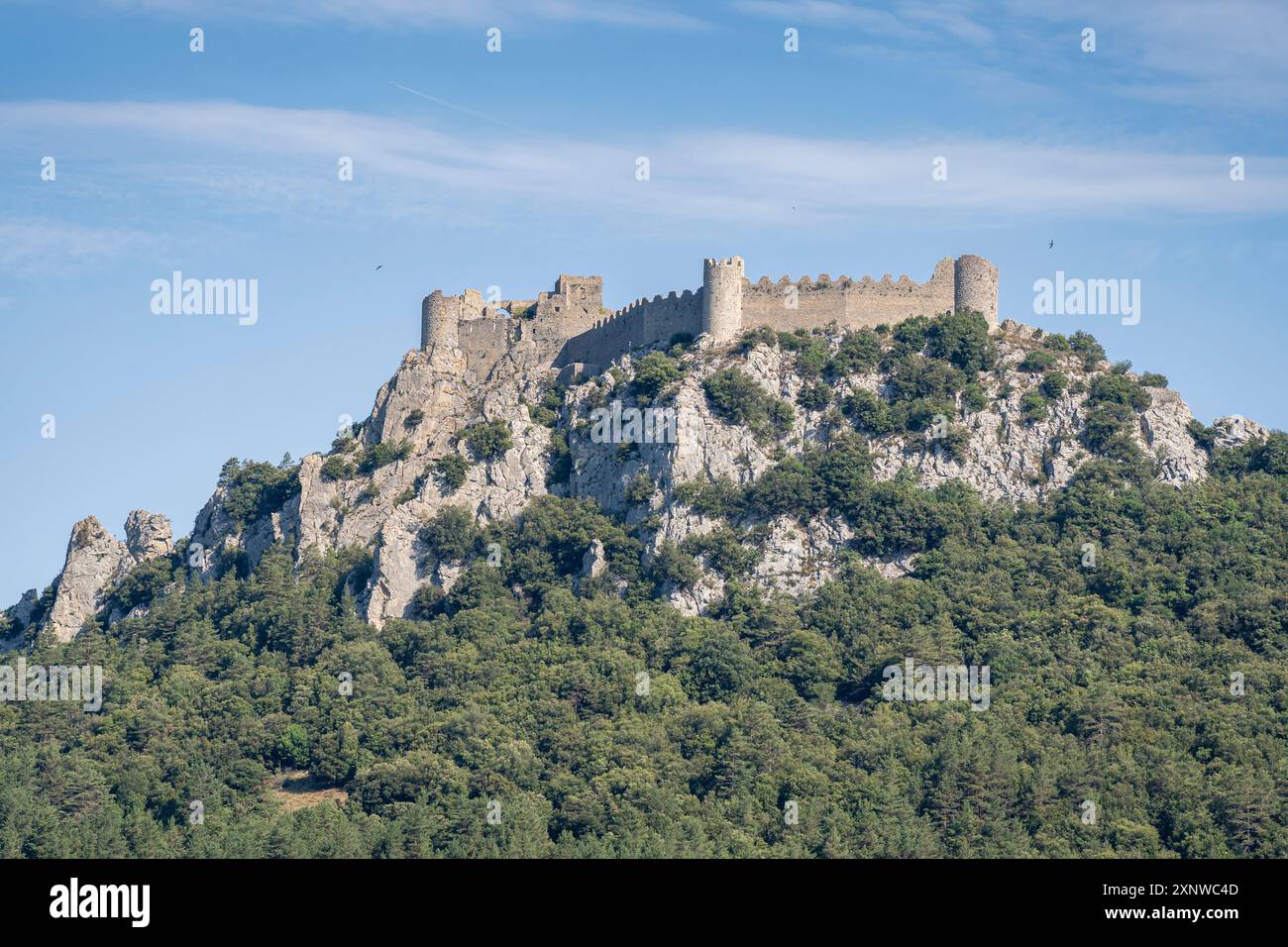 Vista panoramica estiva delle rovine medievali del castello cataro Puilaurens sulla cima della montagna rocciosa, Lapradelle-Puilaurens, Aude, Francia Foto Stock
