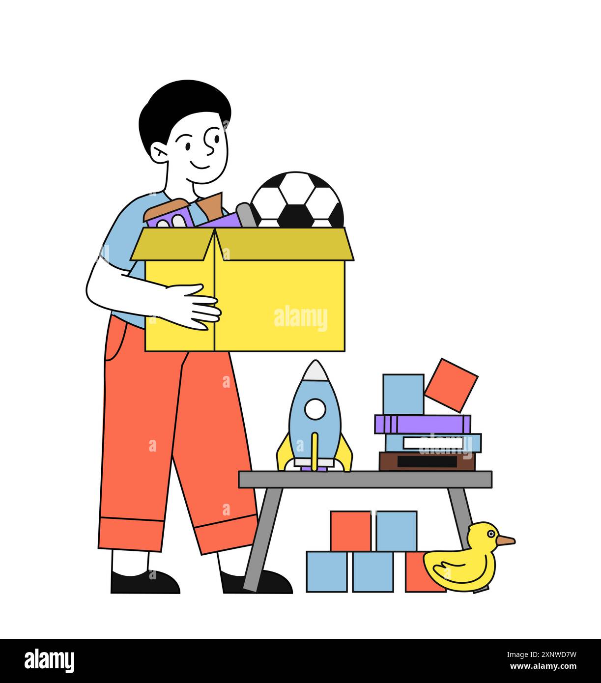 Bambino con giocattoli. Il ragazzo sta con una scatola di cartone con Bal e Train. Anatra, razzo e cubo. Divertimento e svago al coperto. Bambino nella stanza dei bambini. Lineare Illustrazione Vettoriale