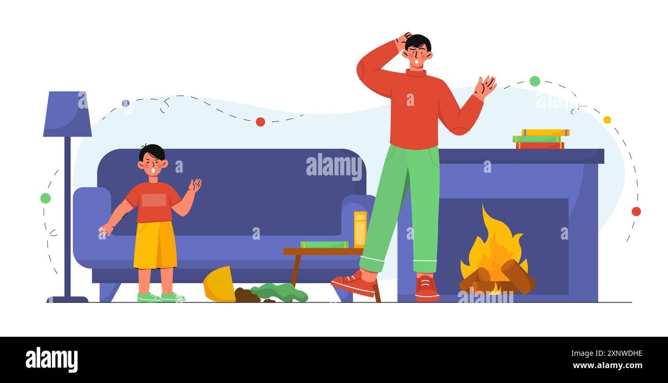 Bambino cattivo a casa. L'uomo sorpreso sta nell'appartamento e guarda in disordine. Figlio crea il caos nella stanza. Mobili rotti e pavimento sporco. Vettore piatto Illustrazione Vettoriale