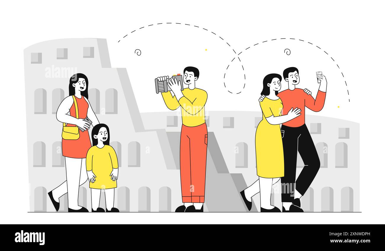 Turisti a Roma. Uomini e donne con telecamere vicino al Colosseo. Viaggiatori in Italia. Vacanze e vacanze, turismo. Gente vicino all'anfiteatro storico Illustrazione Vettoriale
