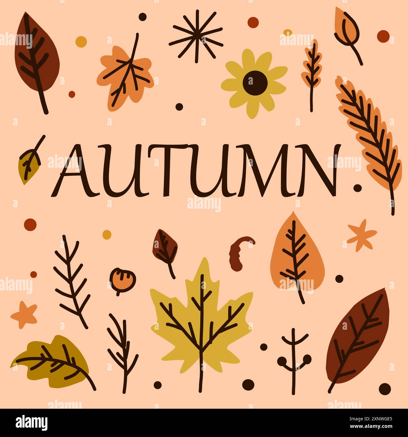 Un set di foglie autunnali multicolore su uno sfondo chiaro. Le foglie gialle e rosse sono disposte una ad una e a coppie. Con testo. Illustrazione Vettoriale