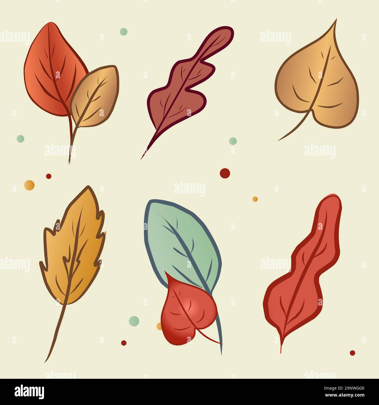 Set di foglie autunnali colorate su sfondo chiaro. Le foglie gialle e rosse sono disposte una ad una e a coppie. Per cartoline. Illustrazione Vettoriale