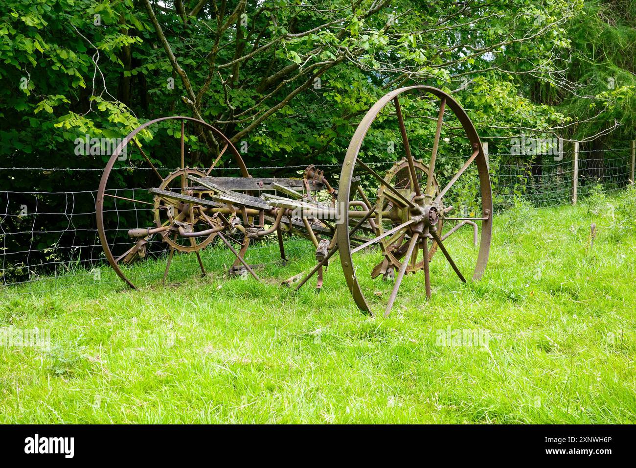 Vecchia attrezzatura agricola rustica in un lussureggiante campo verde circondato da alberi e una recinzione di filo metallico. Derbyshire Regno Unito. Foto Stock