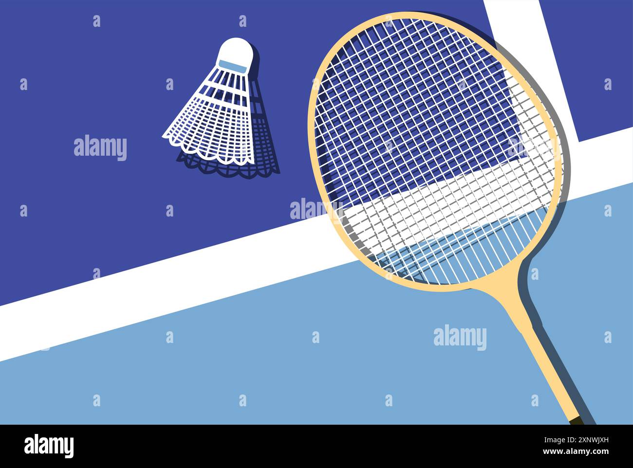 La racchetta da badminton e il rubinetto si trovano sul campo da badminton, vista dall'alto, poster sportivo, vettore Illustrazione Vettoriale