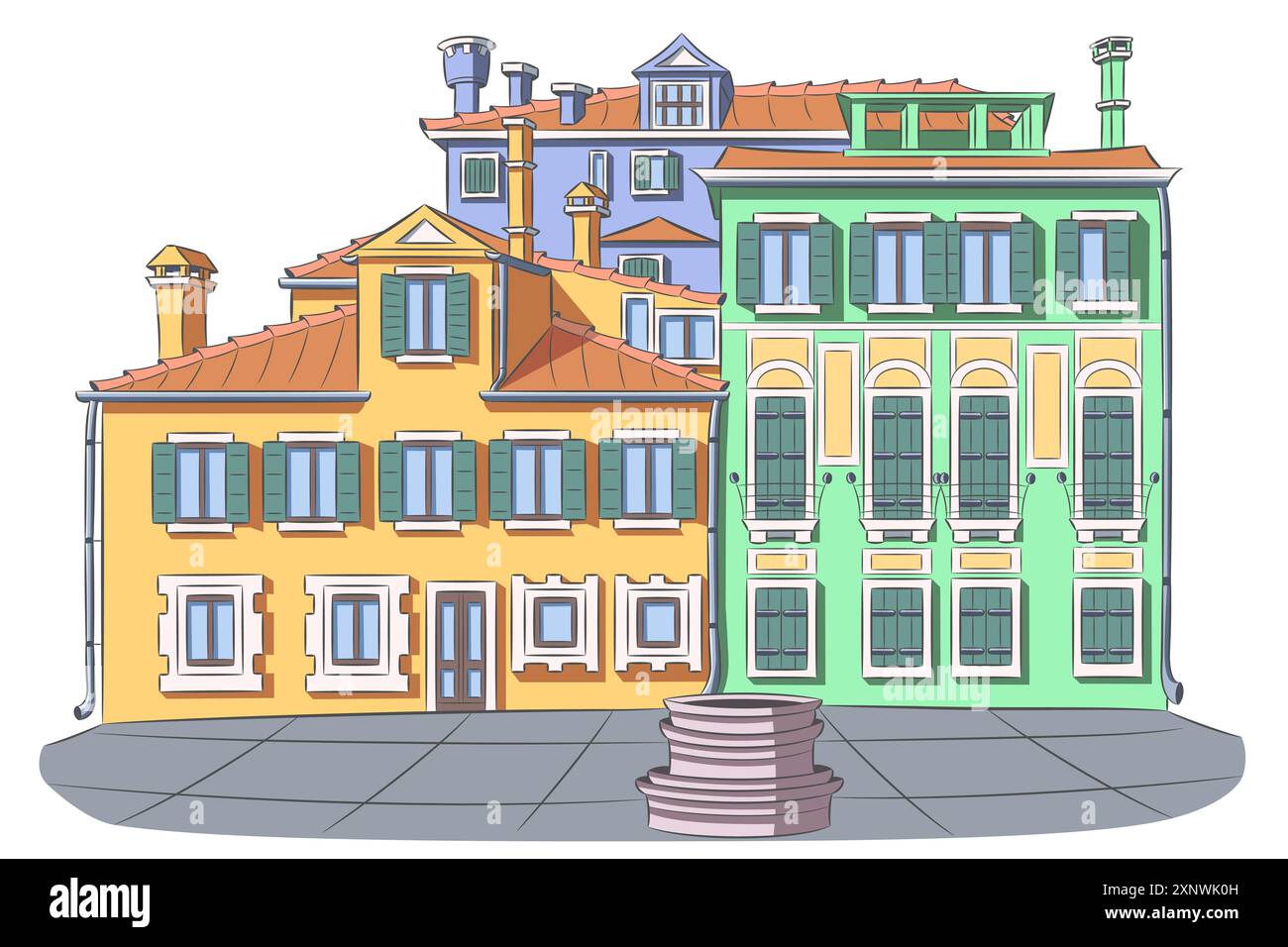 Disegno vettoriale di vecchie case tradizionali su piccola piazza con pozzo a Venezia. Illustrazione Vettoriale