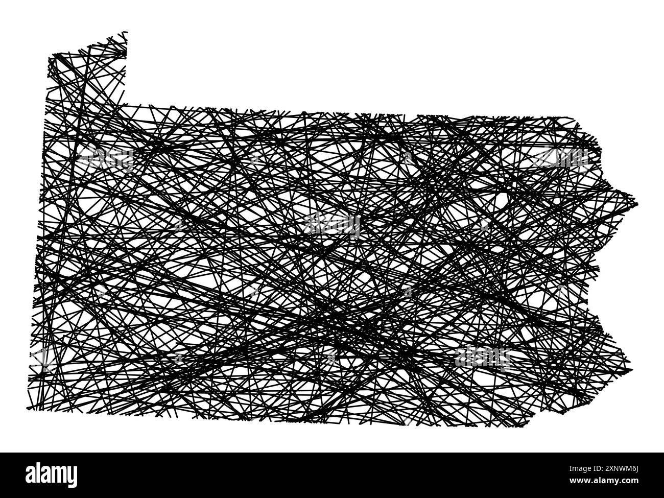 Mappa dei simboli dello Stato della Pennsylvania (Stati Uniti d'America) che mostra lo stato con linee nere, incrociate come Mikado Sticks o una ragnatela Illustrazione Vettoriale