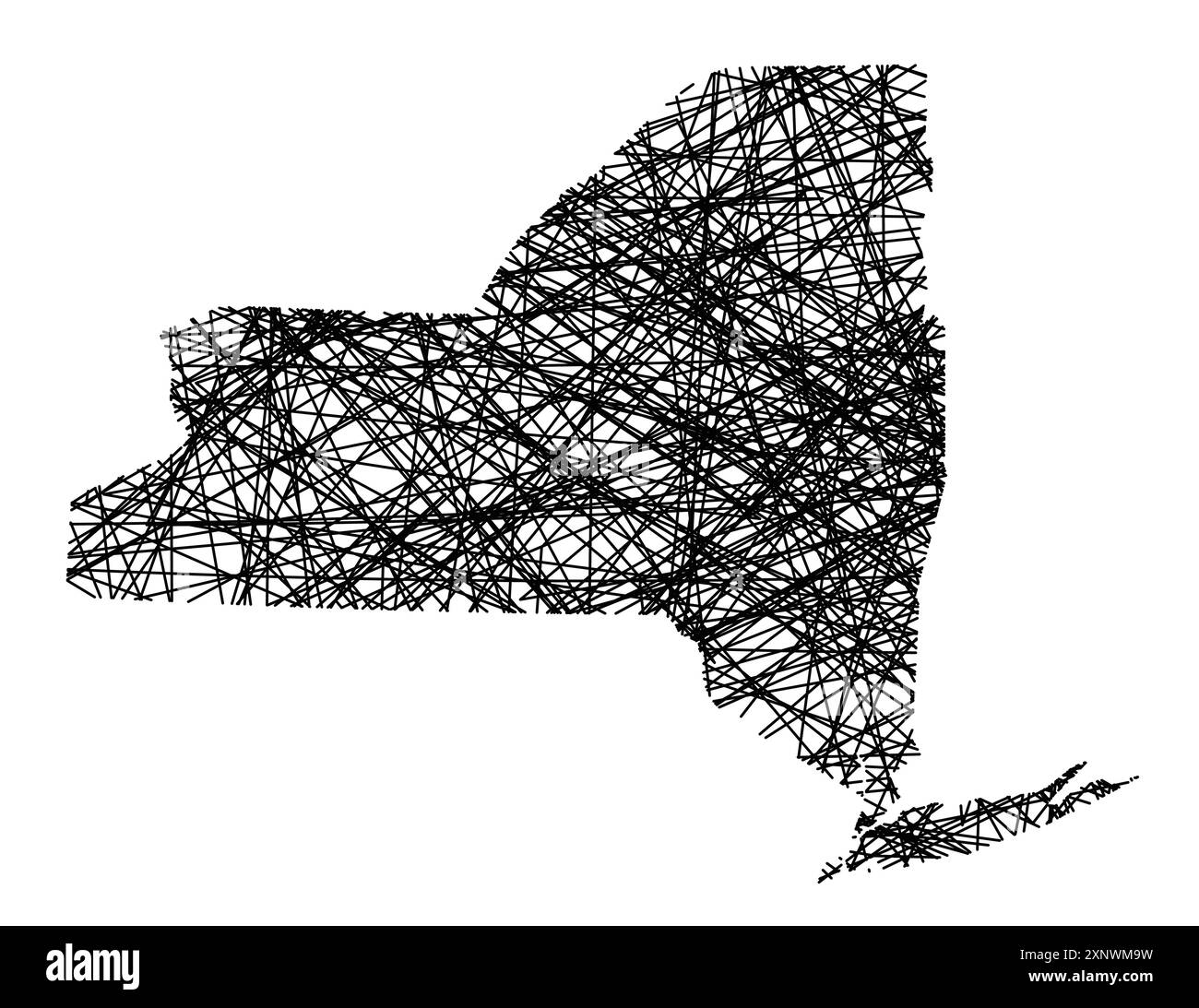 Mappa simbolo dello Stato di New York (Stati Uniti d'America) che mostra lo stato con linee nere, incrociate come Mikado Sticks o una ragnatela Illustrazione Vettoriale