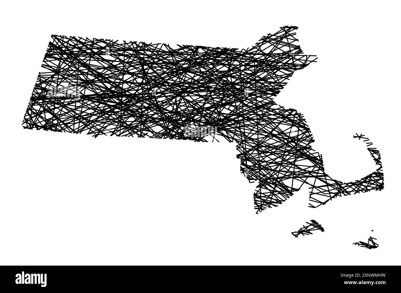 Mappa simbolo dello Stato del Massachusetts (Stati Uniti d'America) che mostra lo stato con linee nere, incrociate come Mikado Sticks o una ragnatela Illustrazione Vettoriale