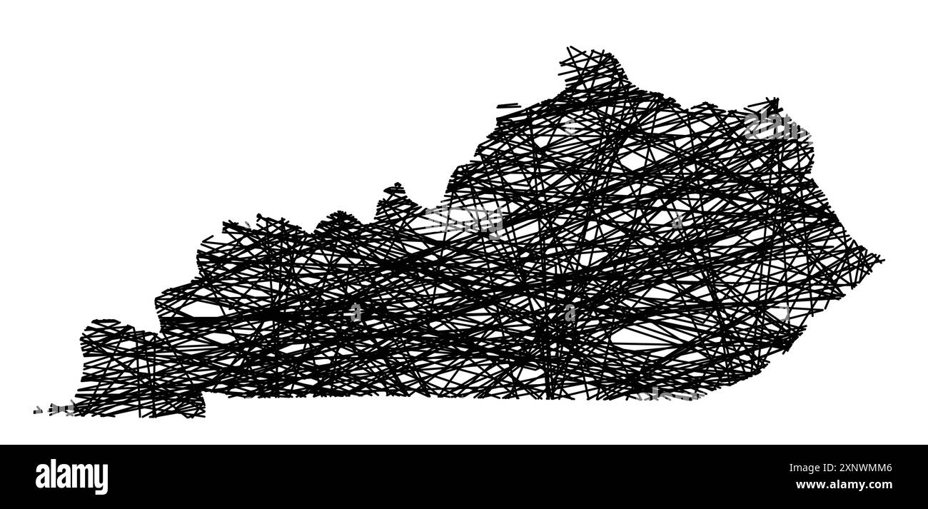 Mappa dei simboli dello Stato del Kentucky (Stati Uniti d'America) che mostra lo stato con linee nere, incrociate come Mikado Sticks o una ragnatela Illustrazione Vettoriale
