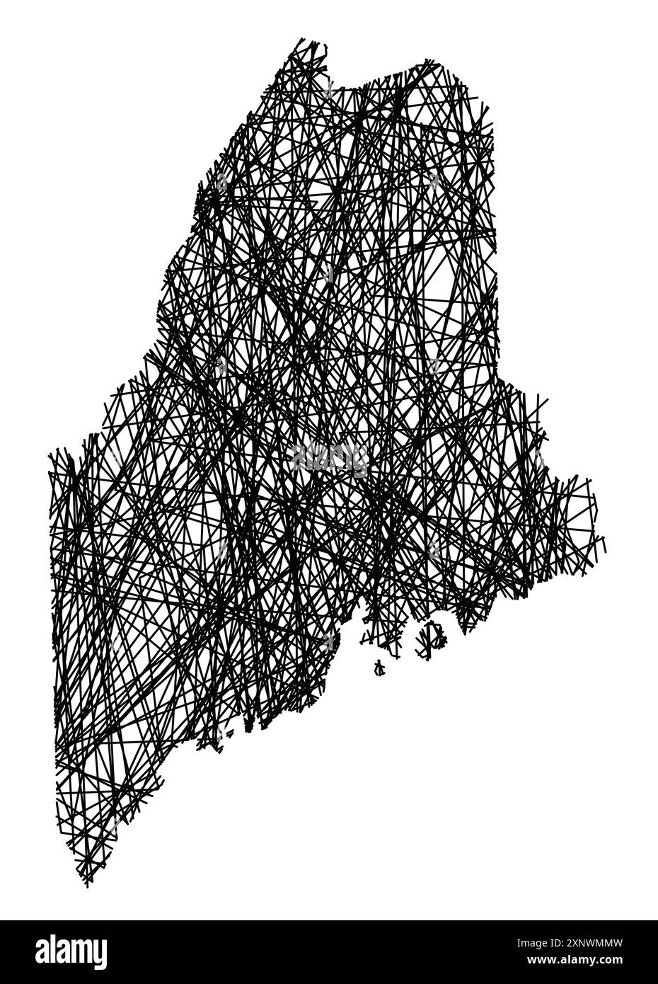Mappa dei simboli dello Stato del Maine (Stati Uniti d'America) che mostra lo stato con linee nere, incrociate come Mikado Sticks o una ragnatela Illustrazione Vettoriale