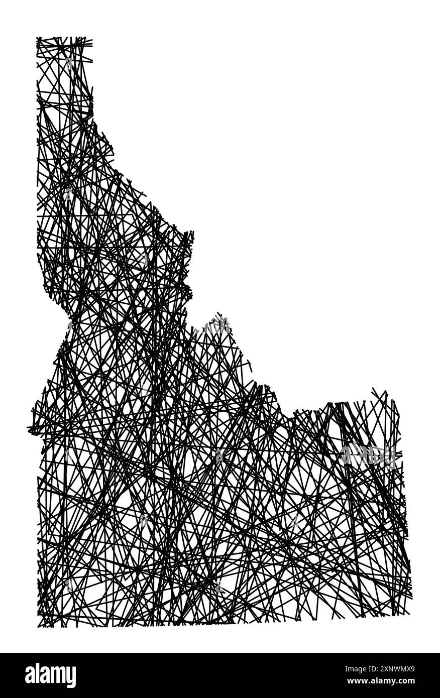 Mappa dei simboli dell'Idaho (Stati Uniti d'America) che mostra lo stato con linee nere, incrociate come bastoncini Mikado o una ragnatela Illustrazione Vettoriale