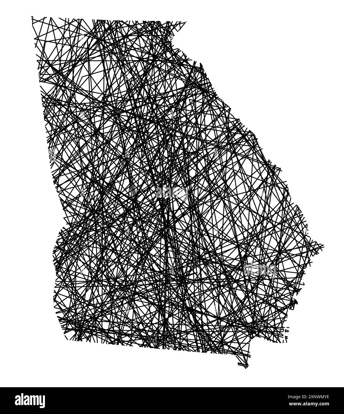 Mappa dei simboli dello Stato della Georgia (Stati Uniti d'America) che mostra lo stato con linee nere, incrociate come Mikado Sticks o una ragnatela Illustrazione Vettoriale