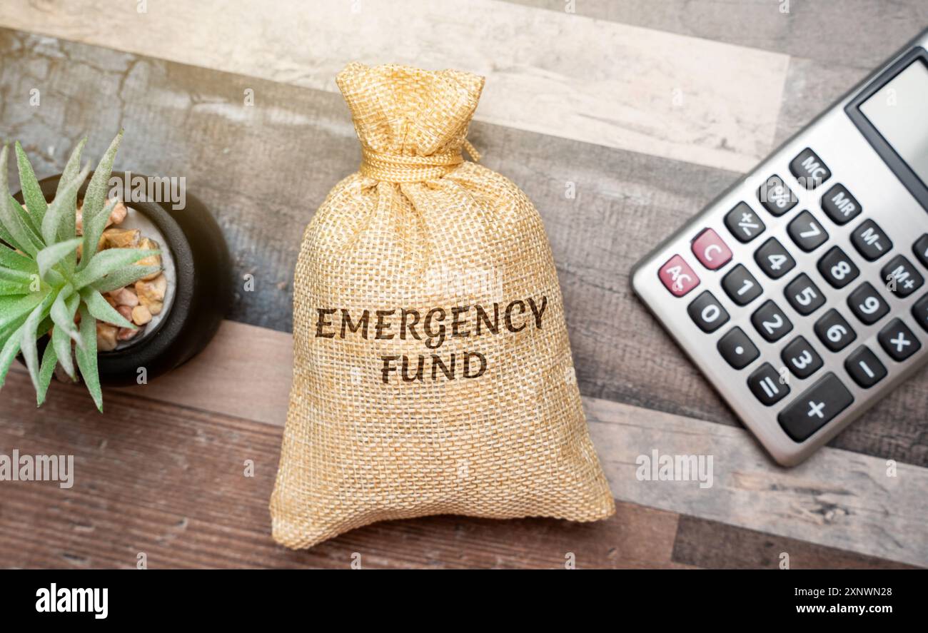 Borsa di denaro Fondo di emergenza - budget personale messo da parte come rete di sicurezza finanziaria per le spese impreviste future. Calcolatrice, fiori sdraiati sul tavolo. Fi Foto Stock
