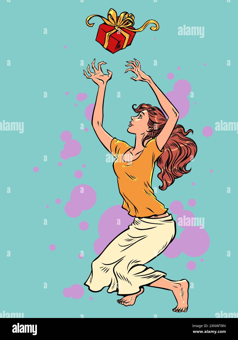 Una donna prende un regalo con entrambe le mani. Prossimi compleanni e festività dei parenti. Grandi offerte e promozioni per regali. Illustrazione vettoriale retrò Pop Art Illustrazione Vettoriale