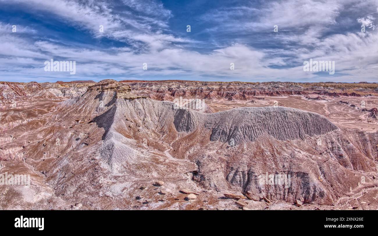Una cresta di bentonite grigia vista da una vicina mesa piatta all'estremità sud del Petrified Forest National Park, Arizona, Stati Uniti d'America Foto Stock