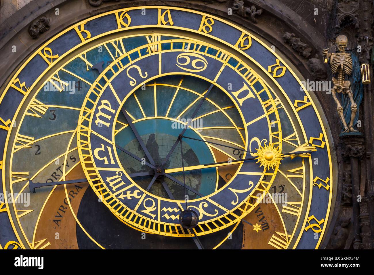 Dettaglio dell'orologio astronomico sulla Piazza della città Vecchia, sito patrimonio dell'umanità dell'UNESCO, città Vecchia, Praga, Cechia, Europa Foto Stock
