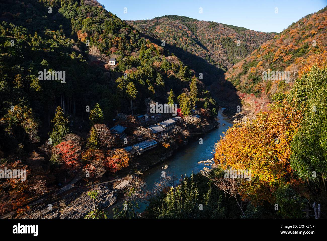 Foreste autunnali con lungofiume Katsura blu profondo con tetti di templi sulla riva del fiume ad Arashiyama di Kyoto, Honshu, Giappone, Asia Foto Stock